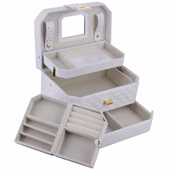 

Large White Jewelry Box For Girls Travel Case Jewellery Organizer Display Case Necklace Rings Mirror Holder Leather Gift ROWLING