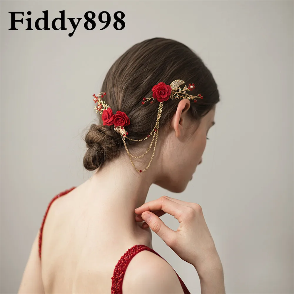 

Vintage Wedding Hair Accessories Red Rose Beaded Hair Comb Beaded Handmade Prom Hair Jewelry Flamengo Headpiece Tiara HD87