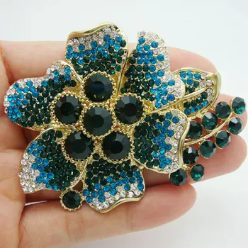 

Fashion Woman Jewelry Vintage Style Blue Rhinestone Crystal Rose Flower Gold-Tone Brooch Pin Pendant