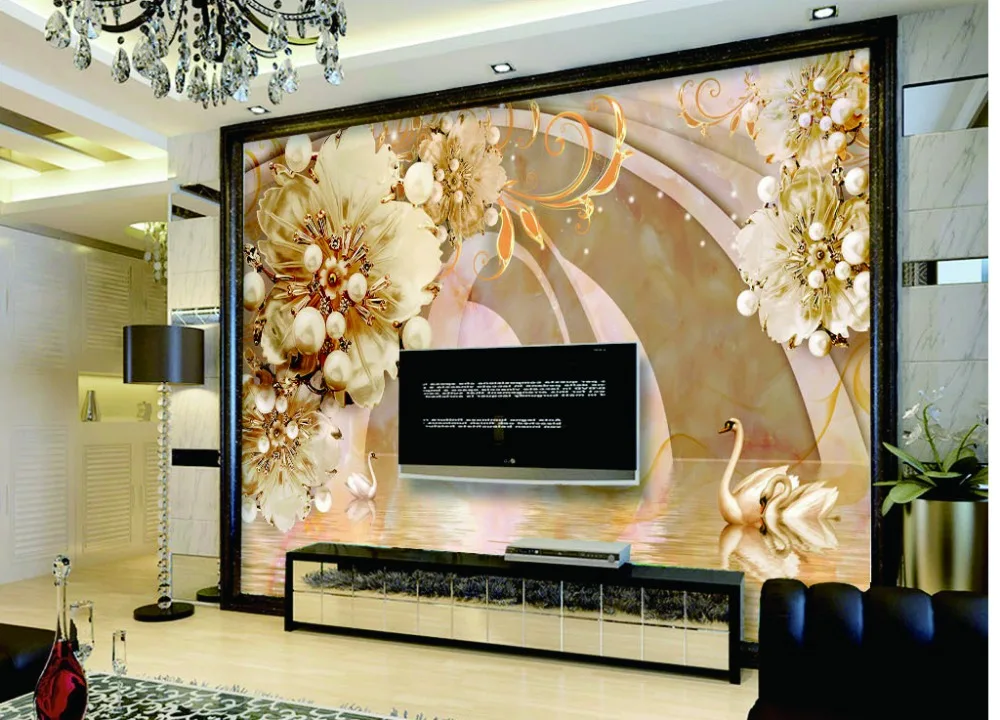 Custom 3d Mural Wallpaper Transparent Flower Swan Lake Jewelry TV Background Wall Painting Wallpaper