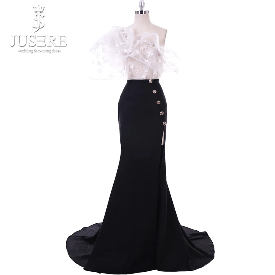 

Jusere 2019 Gothic Maxi Dress Black Chiffon Mermaid Evening Dresses One Shoulder High Split Fashion Party Prom Gown