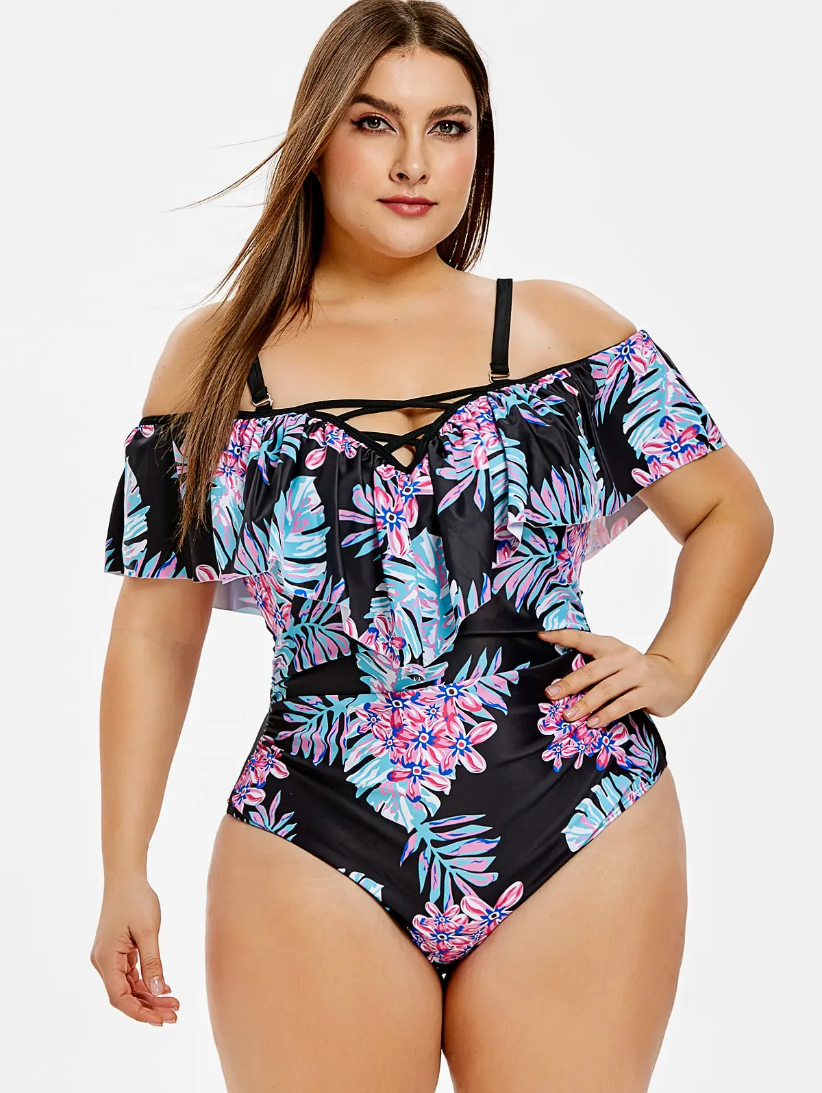 

ROSEGAL Plus Size Flower Leaf Open Shoulder Women Sets High Waisted Big Size Bathing Suit Spaghetti Straps Swimwear Beach Sets