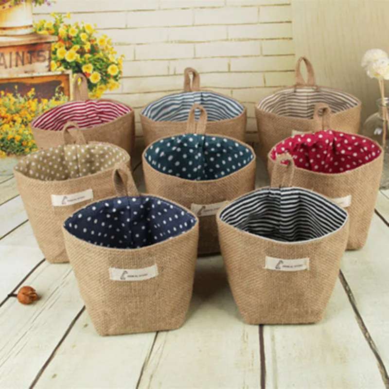 

2019 new zakka cotton linen flower pot small sack hanging wall hanging jute dot striped storage basket storage hanging bag deskt