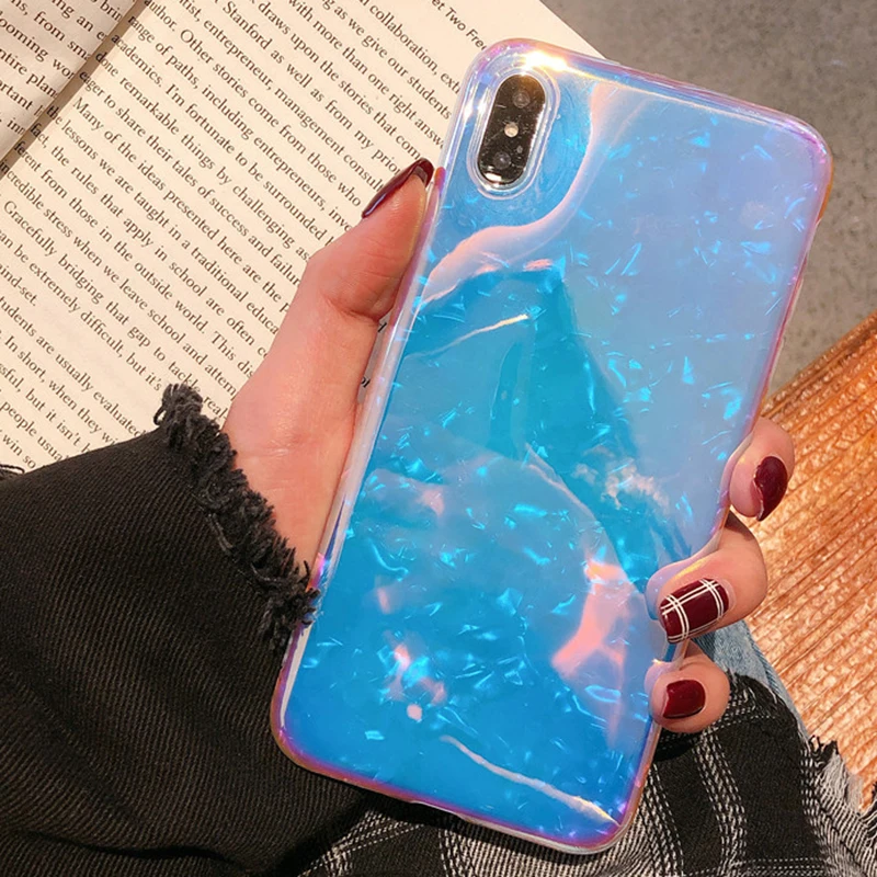 

Blu-ray Phone Case For iphone X XS MAX XR Cases Soft Silicone Cover For iphone 6 6S 7 8 Plus Laser Conch Shell Case Funda Gift