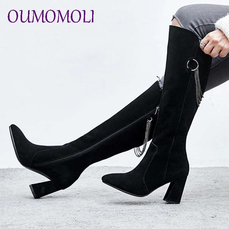 

2019 hot sale newest mid boots square heel pointed toe zip metal decoration black fashion winter women boots