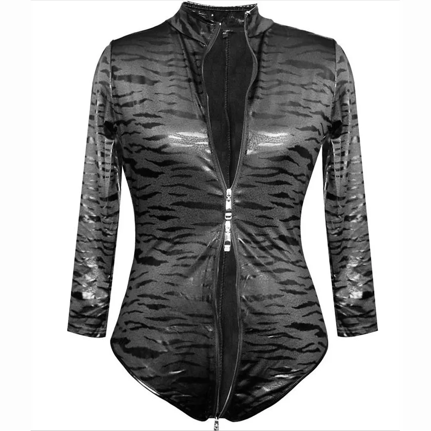 

Plus size Zip Open Bodysuit Front Cross Crotch Leopard Print Long Sleeve Bodysuit Faux Leather PU Bodysuits Bodycon Catsuits