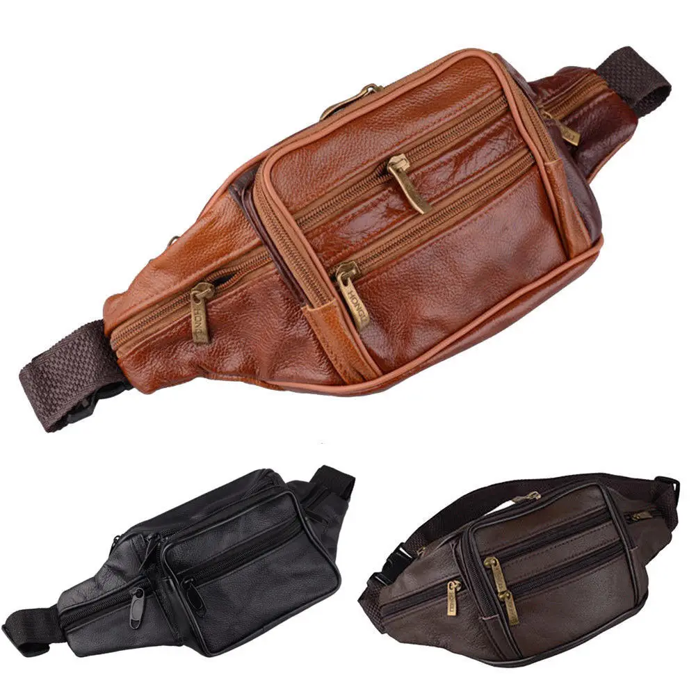 Мужская кожаная сумка-бум в ретро-стиле с масляным воском, переносная сумка для путешествий на открытом воздухе, одноцветная поясная сумка на молнии, модная поясная сумка