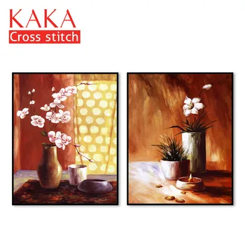 

Cross stitch kits Embroidery needlework sets 11CT water soluble canvas, European painting, small white flower, vase NCKF065