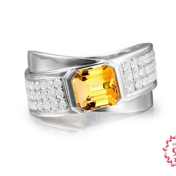

NOT FAKE Fine natural Engraving Sterling silver gemstone Princess Cut ring Women custom jewelry 925 carat Yellow Citrine RING