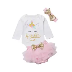 Комплект одежды для новорожденных девочек, Осенний хлопковый топ с длинными рукавами и надписью «Единорог», боди, шорты, юбка повязка на