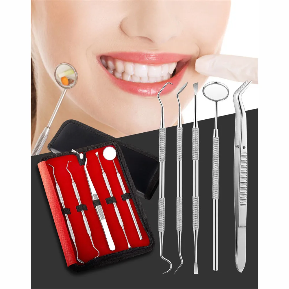 5pcs Stainless Steel Dental Hygiene Kit Tooth Scraper Probe Tweezers