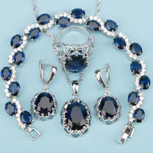 Высокое качество Серебряные Ювелирные наборы синий создан сапфированный безупречный для женщин серьги/кулон/ожерелье/браслет/кольца