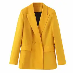 Vadim женский Шикарный Желтый блейзер с карманами двубортный длинный рукав офисная одежда пальто Женская Стильная однотонная Верхняя одежда
