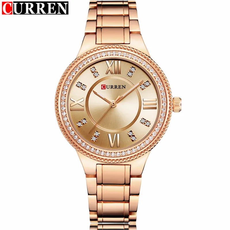 Женские модные часы Curren, брендовые роскошные золотые кварцевые часы из нержавеющей стали, женская одежда, ювелирные изделия для женщин, подарки, наручные часы - Цвет: Rose Gold