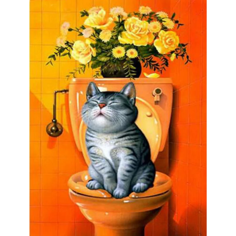 

New DIY Diamond Embroidery Cat Diamond Painting Cat Sitting On The Toilet Diamond Mosaic Embroidery With Home Decoration