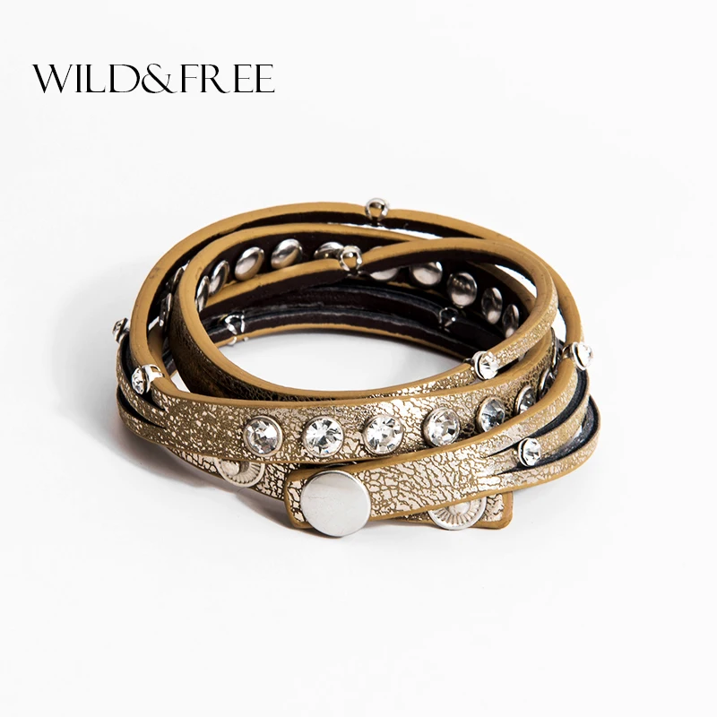 Многослойные Кожаные Браслеты Wild & Free для женщин и мужчин винтажные коричневые