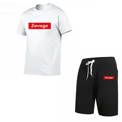 Новый бренд savage мужские футболки лето 100% хлопок топы + шорты костюм повседневный костюм плюс размер XS-2XL