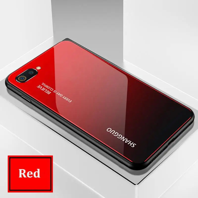 Для Realme C2 чехол Aurora дизайн Закаленное стекло протектор глянцевый градиентный чехол для телефона для Realme C2 твердый корпус Funda Coque - Цвет: Red