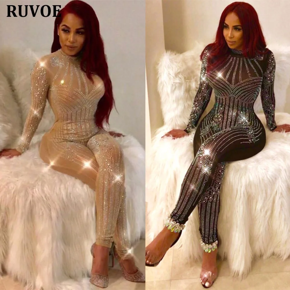 

Sexy Black Nude O-Neck Beading Crystal Shiny See Through Sheer Bodycon Jumpsuit Romper Sheath One Piece Outfits Nightclub MO-52