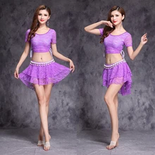 Кружевные костюмы для танца живота, топ с коротким рукавом+ юбка+ цепочка на талию, комплект из 3 предметов для танца живота для женщин, костюмы для танца живота, Размеры M, L, XL