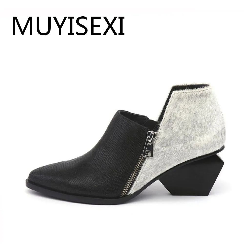 

Horsehair Autumn Boots For Women Genuine Leather Pointed Toe Square Heels Ankle Boots Black Silver 34-41 X003 MUYISEXI