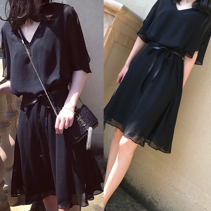 Женское свободное черное платье до колена с v-образным вырезом, шифоновое тонкое летнее платье с коротким рукавом и тонким поясом, элегантное платье размера плюс 5XL