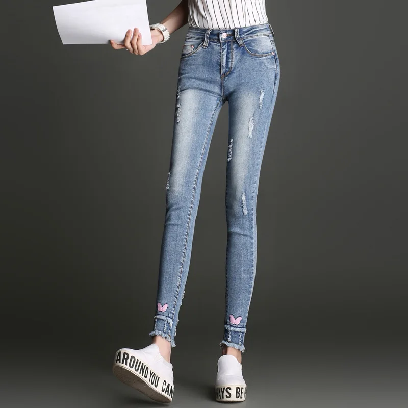 

Female Dimensional Patch Burr Holes Elasticity In the waist Ankle-Length Pants Small pencil pants jeans