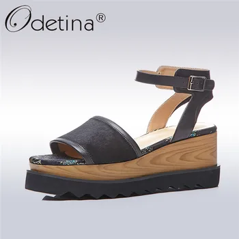 

Odetina New Fashion Luxury Suede Leather Wedge Heels Sandals Platform Women Square Open Toe Summer Casual Shoes Big Size 42