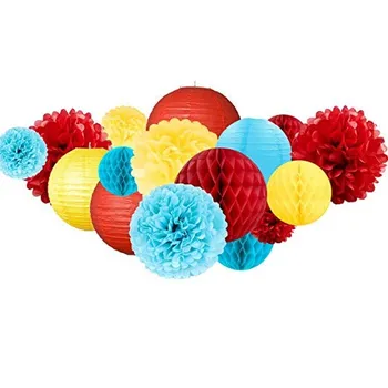 

16Pcs/Set Red and Blue Tissue Pom Poms Hanging Paper Lanterns Honeycomb Ball for Carnival Birthday Baby Shower Party Backdrop