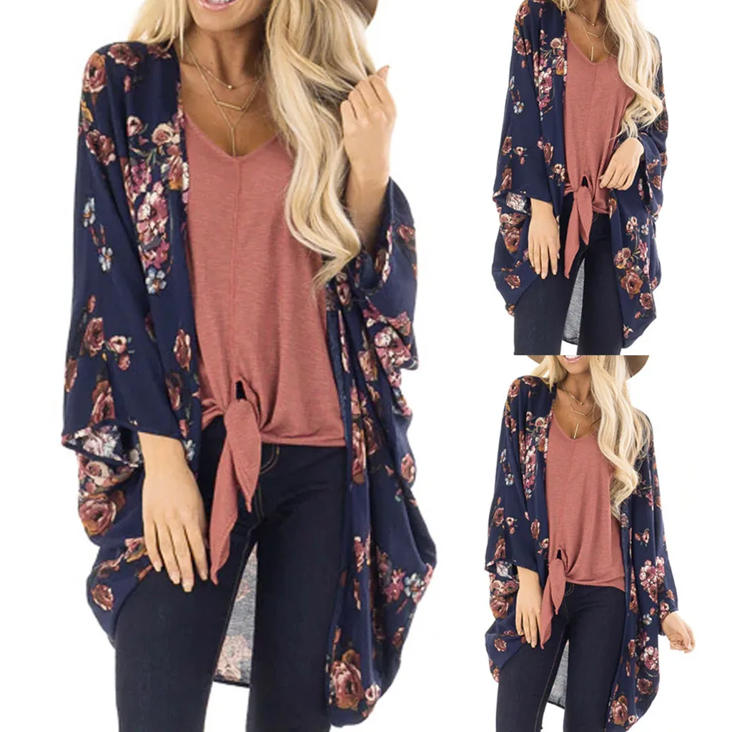 Women Chiffon Kimono Spring Floral Printing Long Blouse Irregularity Tops Bikini Swimwear Beach Smock Blusas Mujer 2019 #10T