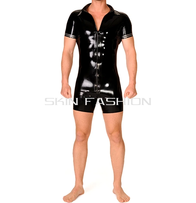 Free shippinp!! Men short style turn down collar latex catsuit one piece bodysuitsin Teddies
