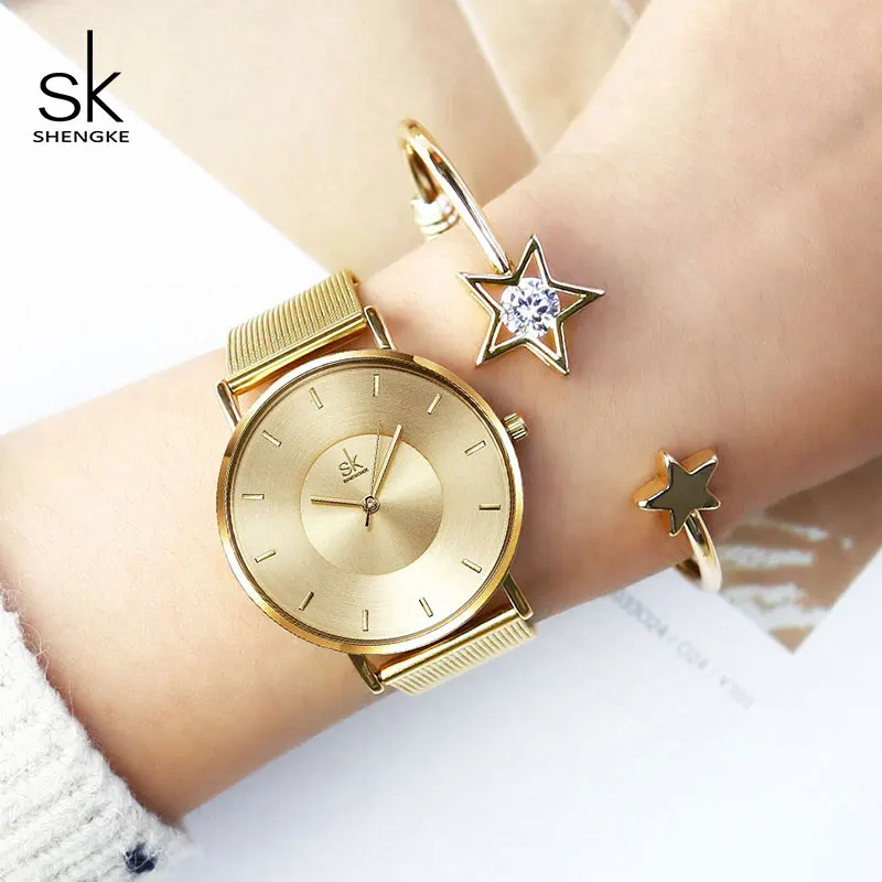 Beste Shengke Gouden Armband Horloges Set Vrouwen Luxe Quartz Horloge met Crystal Star Bangle 2019 Nieuwe SK vrouwen Dag Gift voor Vrouwen