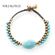 Дикий и свободный бохо ручной работы плетеный браслет браслеты для Для женщин летние синие с принтом из бежевых камней очарование бусинки-колокольчики браслеты с подвесками ювелирные изделия