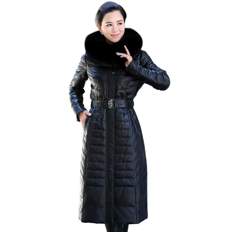 

2014 Winter (M-6XL)Women's Fox Large Fur Collar Ultra Lengthen Thickening Plus Size Genuine Leather Sheepskin Down Coat