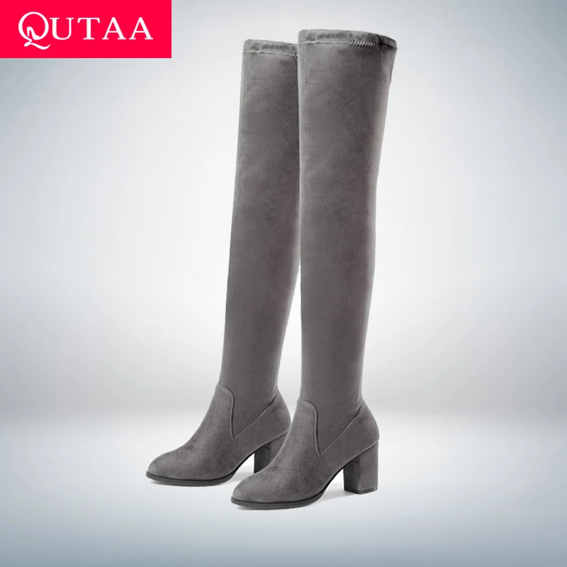 Vente QUTAA 2019 Femmes Sur Le Genou Haut Bottes Carré À Talons Hauts Femmes Chaussures Plate Forme Hiver Tous Les Match Sexy Femmes Bottes taille 34 43