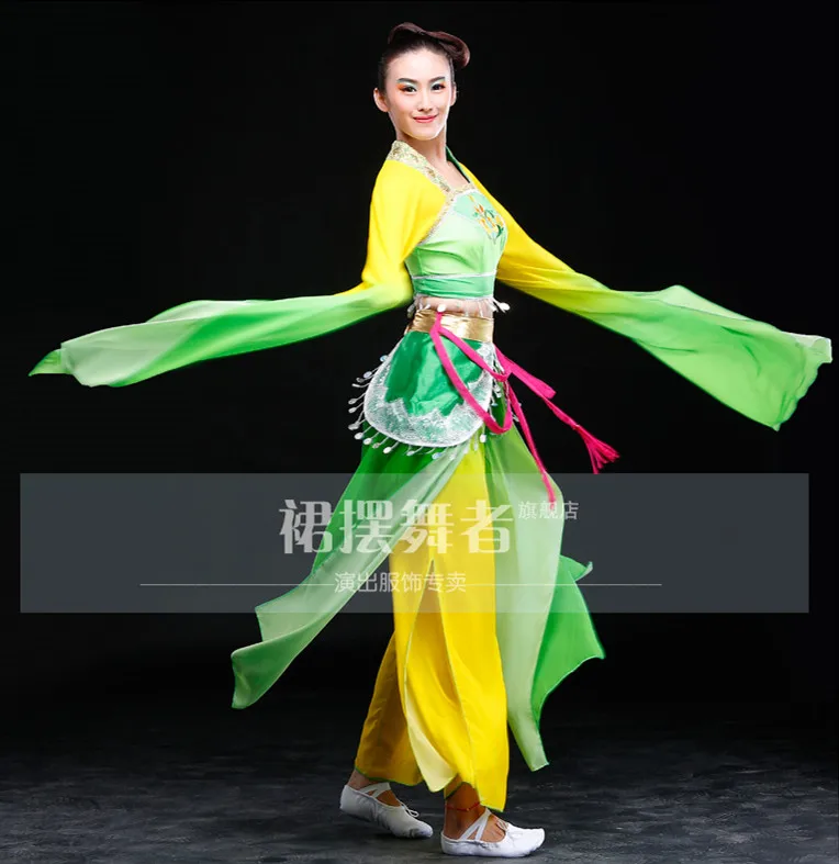 (0140) Chinese Classical dance clothes hanfu ancient costume fairy set yellow green long Sleeves water sleeves flying clothes