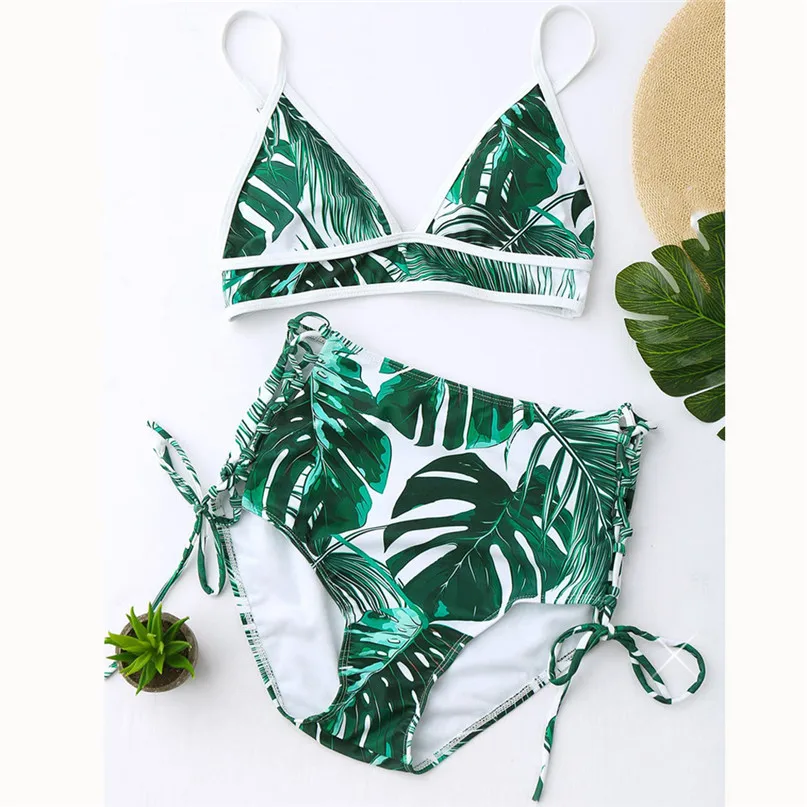 Women Two Pieces Bikini Swimsuit Set Banana leaf Printed Bandage Bathing Suit  Beachwear L M S maillot de bain femme #2p29 (2)