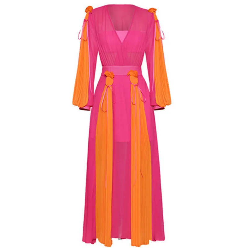 2019 New Luxury Women pleated Long sleeves printed chiffon maxi dress (4)