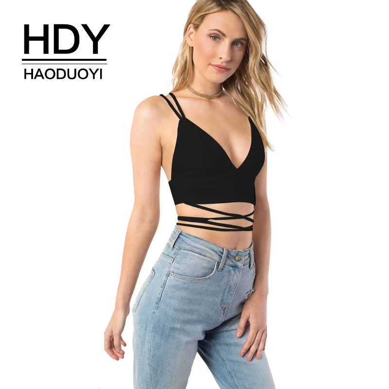 

HDY Haoduoyi Solid Spaghetti Strap Wrap Criss Cross Vest Casual 2019 New Fashion Holiday Party Sexy Cut Out Backless Crop Tops