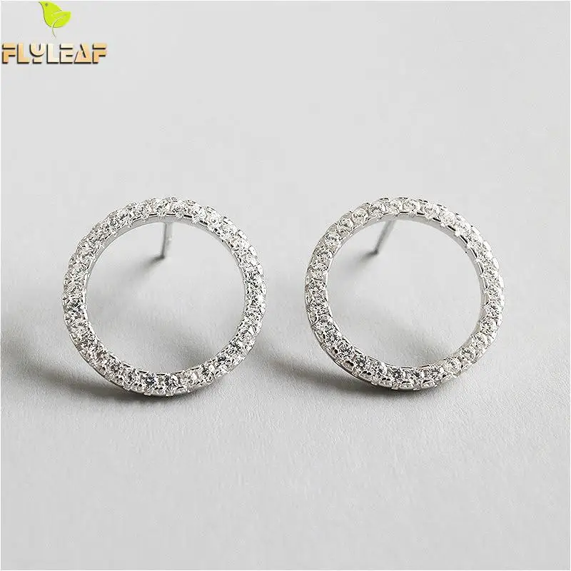 

Flyleaf 925 Sterling Silver Stud Earrings For Women Cubic Zirconia Hollow Round Circle Simple Earings Fashion Jewelry Party