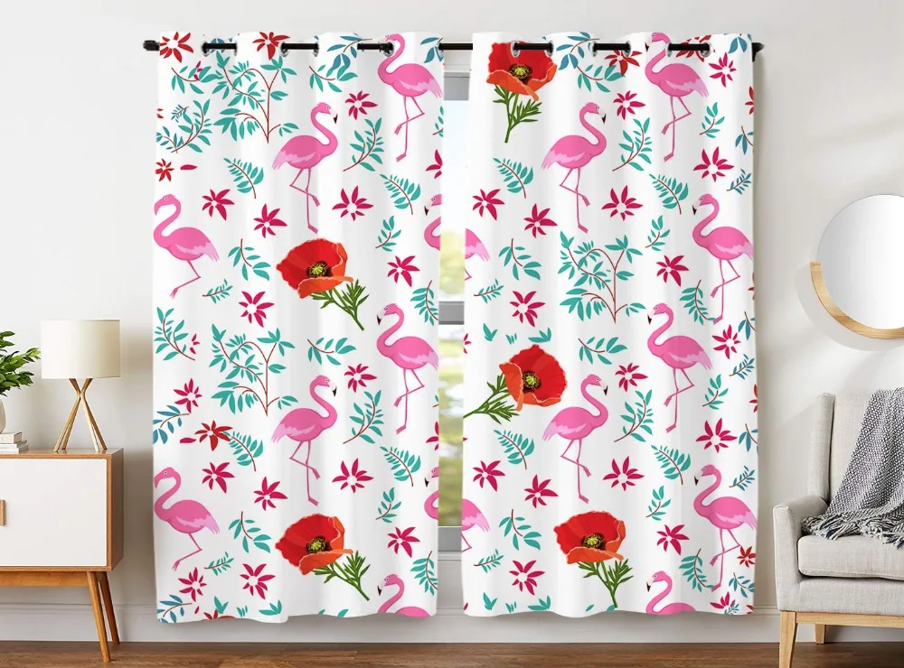 

HommomH Curtains (2 Panel) Grommet Top Darkening Blackout Room Flamingo Flower Leaves Irregularly Arranged Colourful