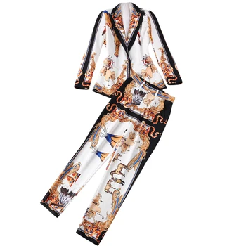 

Designer Runway Suit Set 2019 High Quality New Fashion Women's Lion Buttons Retro Pattern Printed Blazer Pants Suits NPD0312