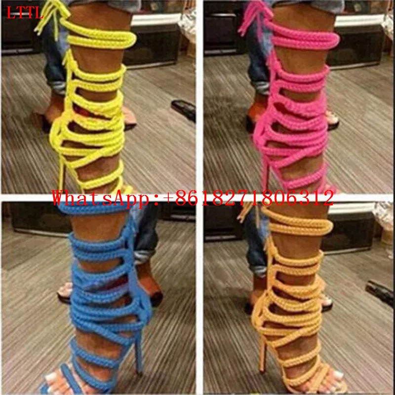 Big Size Summer Chain Rope Strappy High Heels Sandals Women Cut Outs