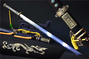 

Chinese Han Jian Sword Black Gilt High Manganese Steel Sharp Blade Ebony Sheath Full Tang