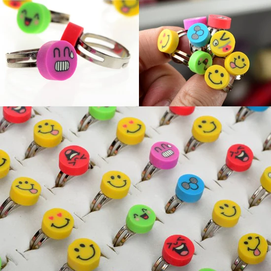 Wholesale Mix Lots 50pcs Bulk Polymer Clay Smile Face Rings For Kids