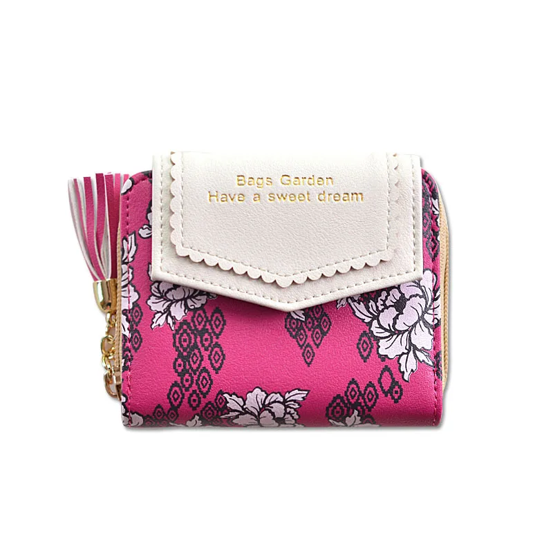 Модный женский маленький кошелек с кисточками из мягкой кожи с цветочным рисунком, женская сумка для денег, держатель для карт, двойные женские кошельки, Дамский Мини Кошелек для монет - Цвет: Rose