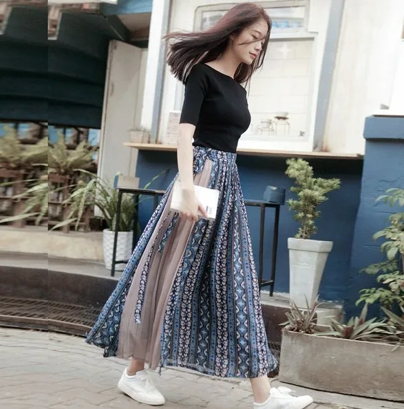 Весенне-Летняя женская винтажная шифоновая плиссированная юбка с цветочным принтом в стиле пэчворк, богемная длинная юбка для пляжного отдыха в стиле бохо