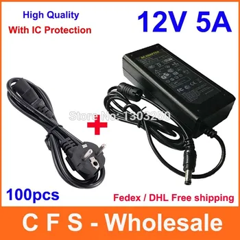 

100pcs With IC Protection AC DC Adapter 12V 5A Power Supply 60W For 5050 3528 LED Rigid Strip Light LCD Monitor + Power cord