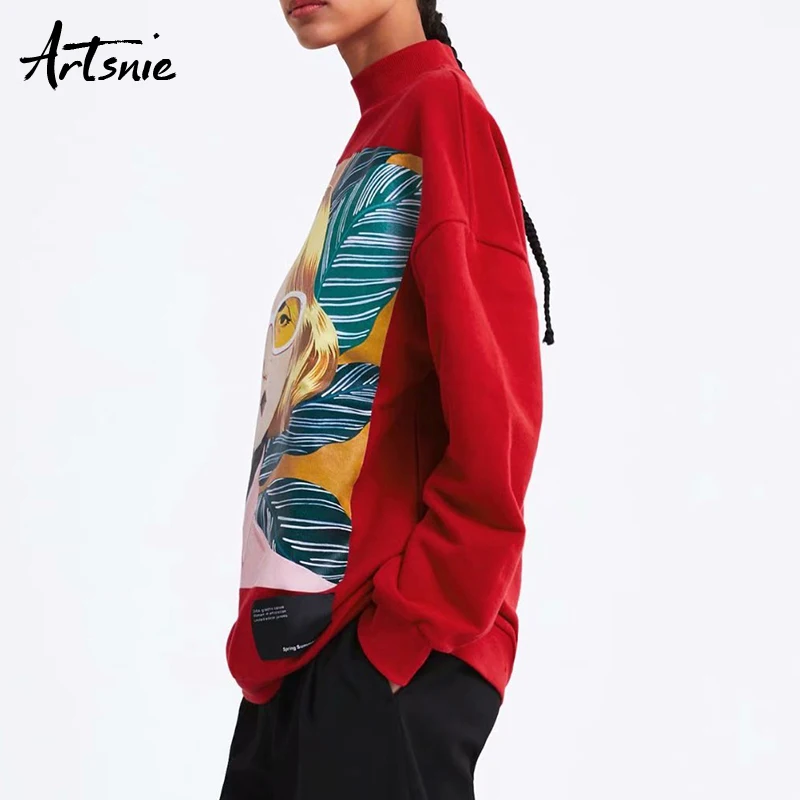 Artsnie الشارع الشهير الكرتون الياقة المدورة الأحمر النساء البلوز الربيع 2019 بلوفر مغزول المتضخم هوديي الطابع بلوزات