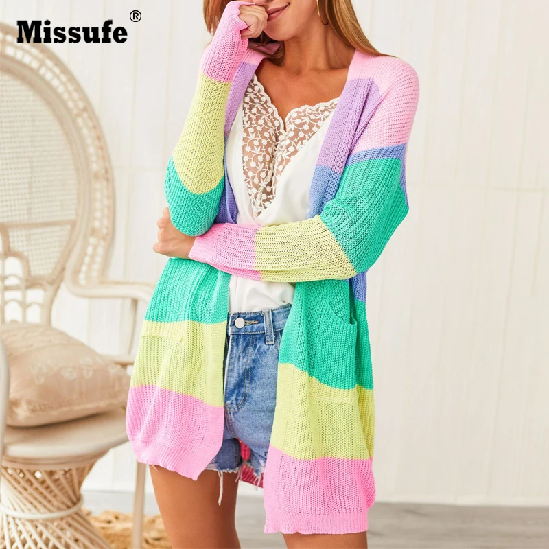 

Missufe Autumn Winter Rainbow Patchwork Sweaters Women Loose Cardigan Knitted Jumpers Long Sleeve Pocket Casual Long Sweaters